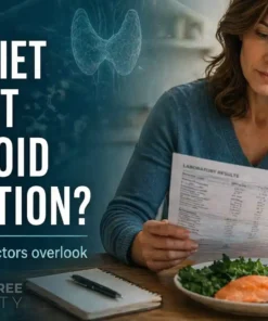 Woman reviewing lab results and healthy meal illustrating how diet affects thyroid function