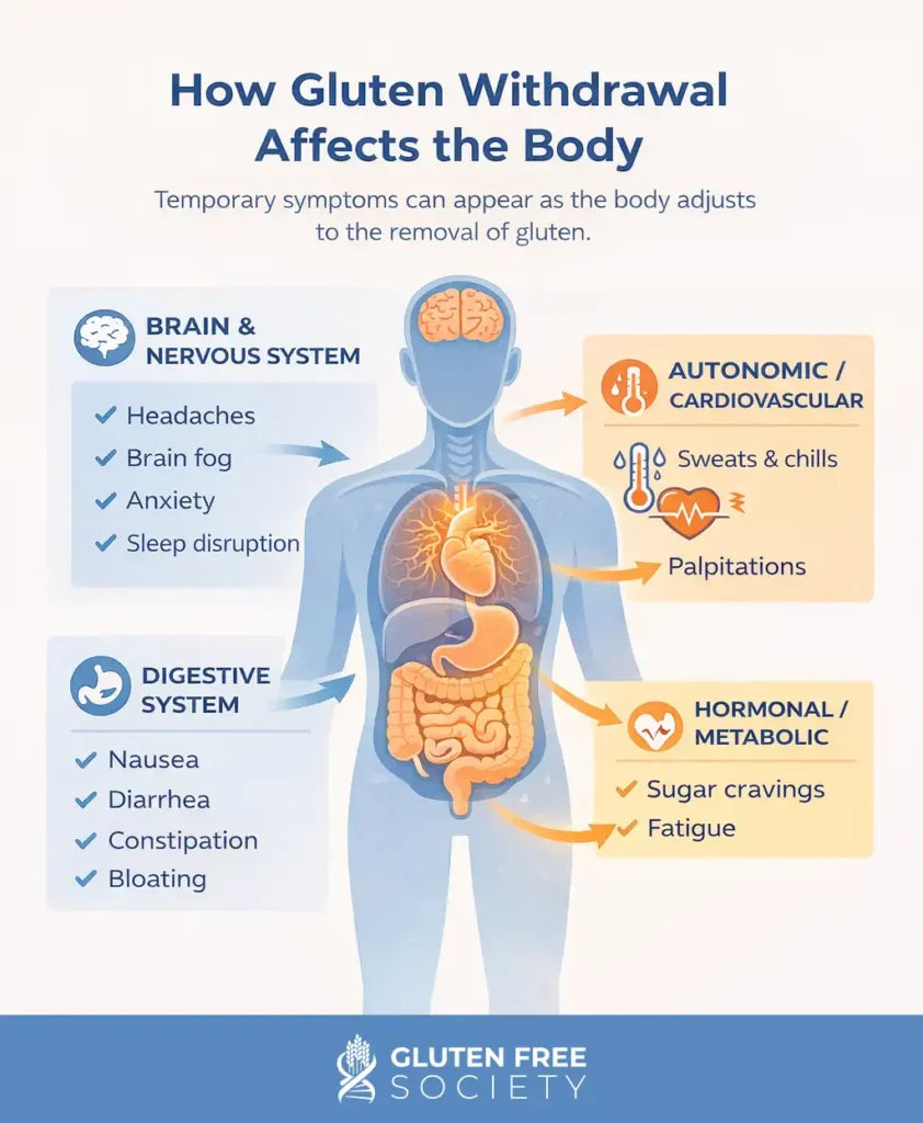 Infographic explaining how gluten withdrawal affects the brain, digestion, hormones, and cardiovascular system.