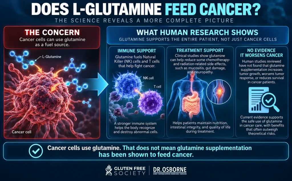 Infographic explaining that while cancer cells can use glutamine, human research does not show that L-glutamine supplementation feeds or worsens cancer.