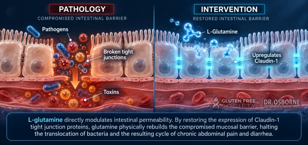 L-glutamine supports intestinal barrier integrity by restoring tight junction proteins and reducing intestinal permeability.