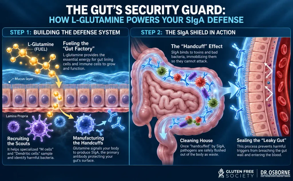L-glutamine supports SIgA production to strengthen gut immune defenses and protect the intestinal barrier from pathogens.