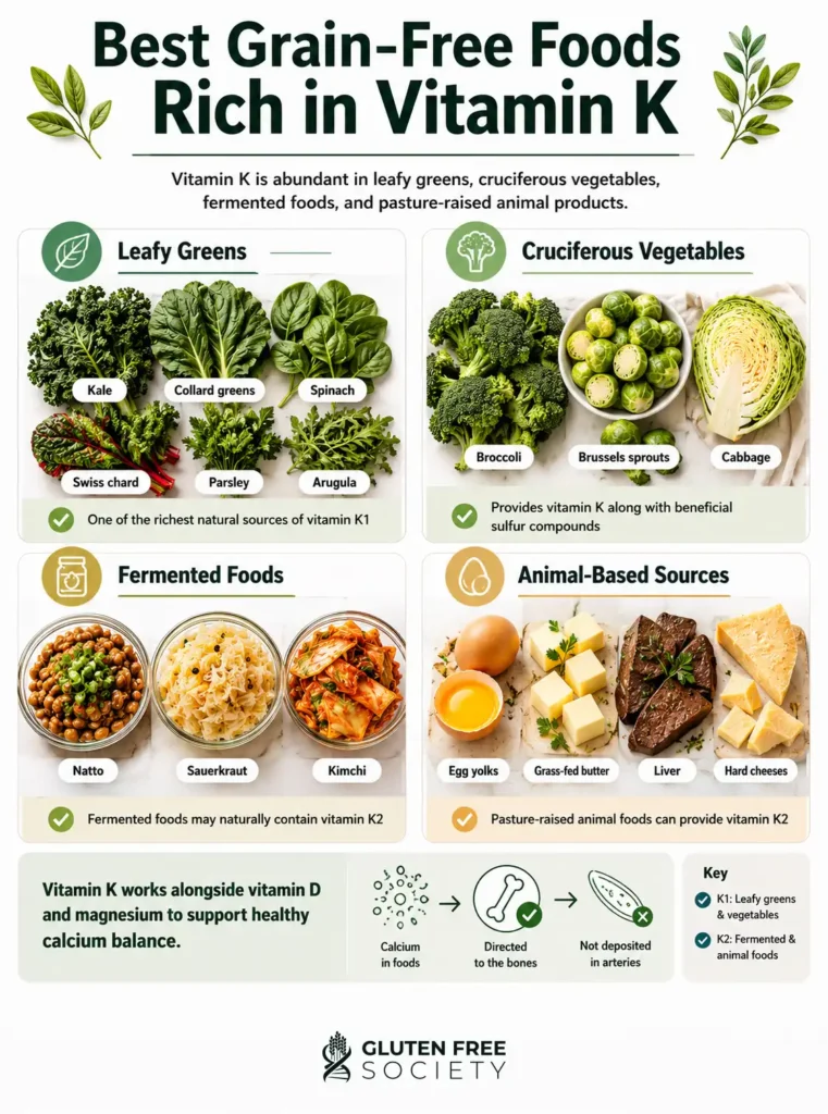 Infographic showing the best grain-free foods rich in vitamin K, including leafy greens, cruciferous vegetables, fermented foods, egg yolks, grass-fed butter, liver, and hard cheeses.