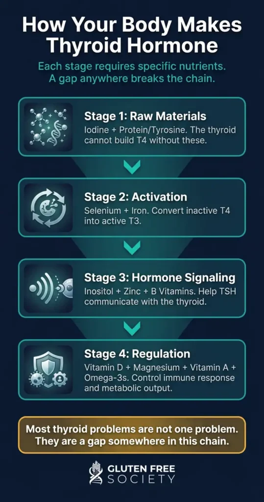 thyroid hormone production chain nutrients infographic - Gluten Free Society