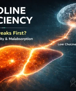 Choline deficiency illustrated as metabolic breakdown in the liver with disrupted pathway linked to gluten sensitivity.
