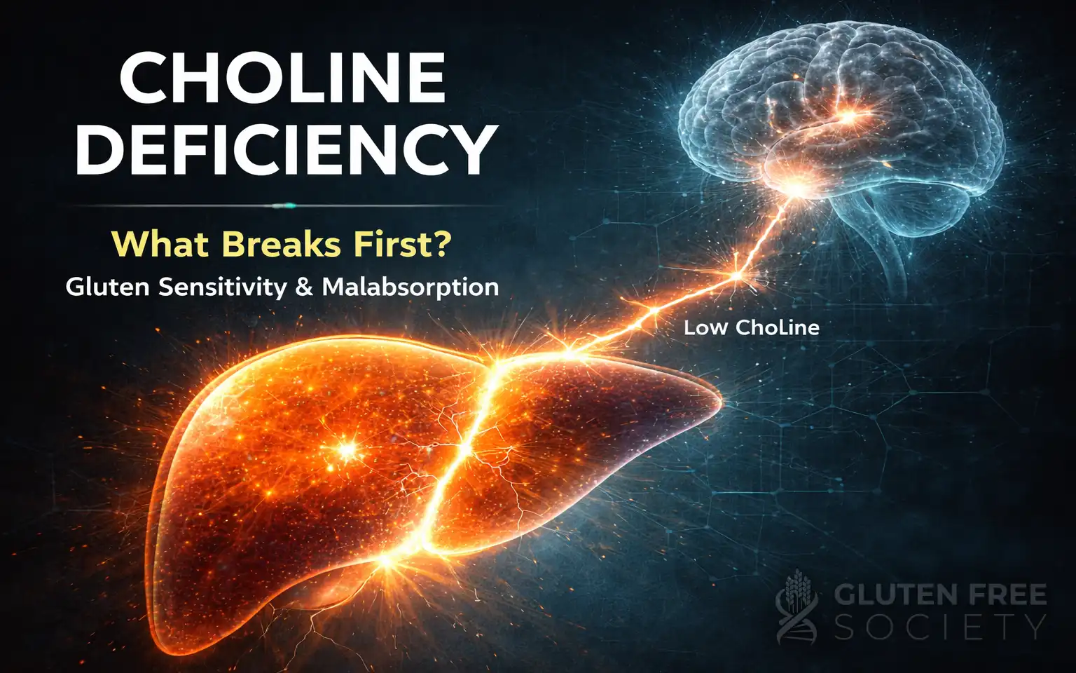 Choline deficiency illustrated as metabolic breakdown in the liver with disrupted pathway linked to gluten sensitivity.