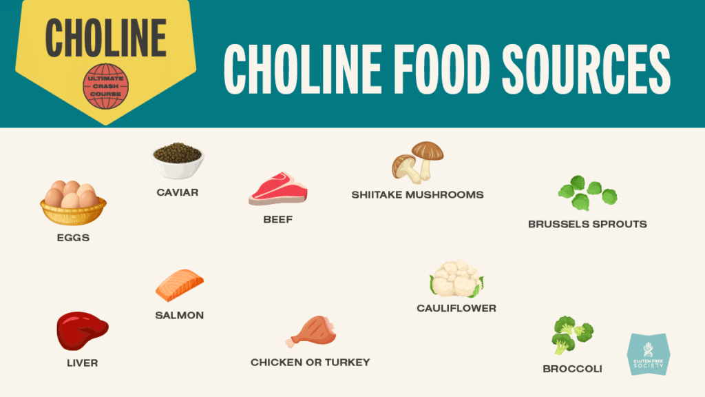 Choline-rich food sources including eggs, liver, salmon, beef, shiitake mushrooms, cauliflower, broccoli, and Brussels sprouts.