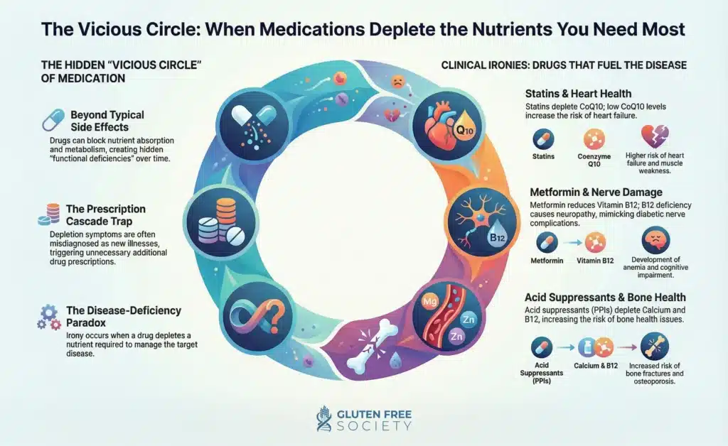 infographic explaining how prescription medications deplete vitamins and minerals through drug-induced nutrient depletion