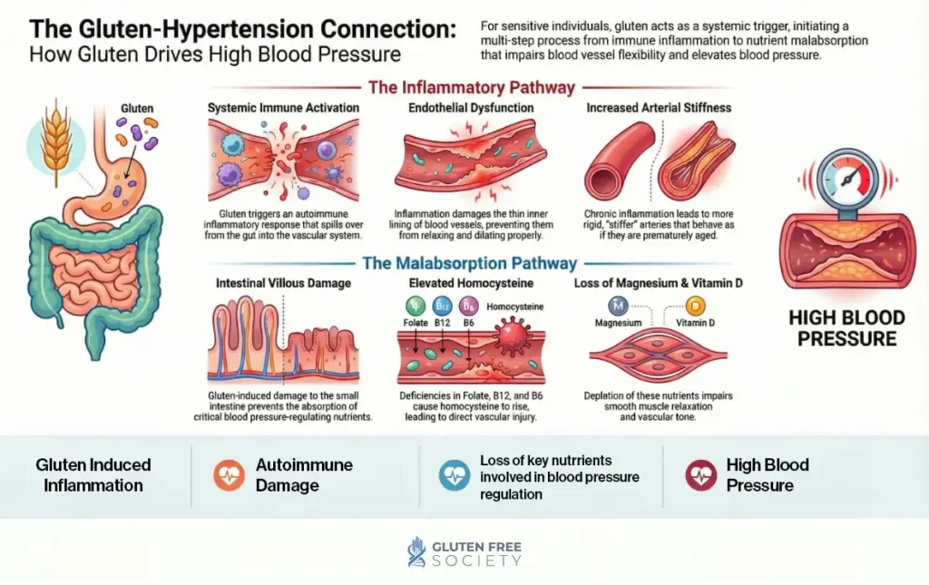 Gluten inflammation and nutrient deficiency pathways showing how gluten may contribute to high blood pressure through endothelial dysfunction and elevated homocysteine