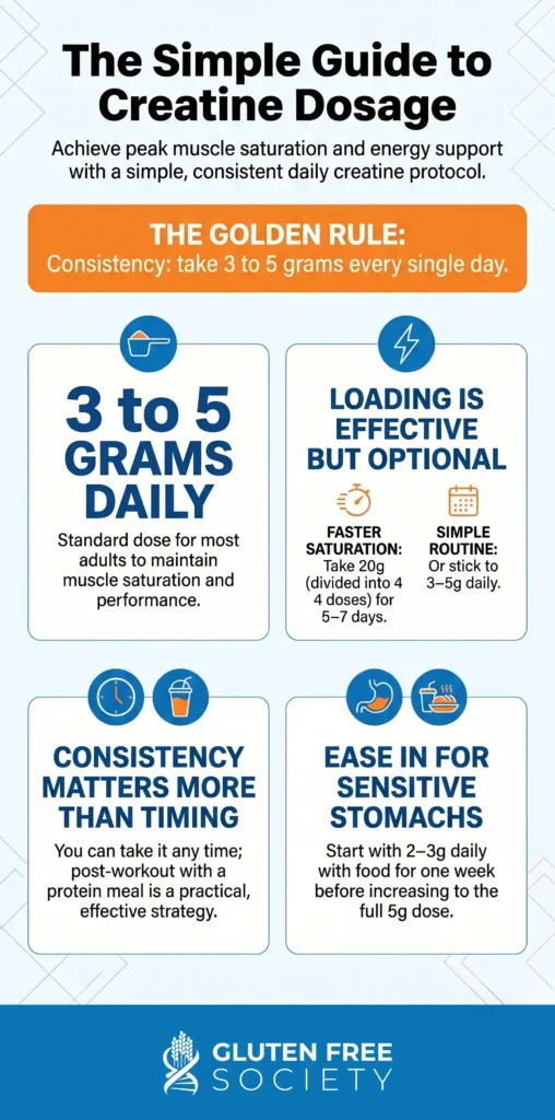 Infographic showing creatine dosage guidelines including 3 to 5 grams daily, optional loading phase, and tips for consistency and digestion