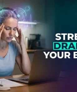 Photorealistic image of a middle-aged woman experiencing stress and mental fatigue, with glowing overlays illustrating how chronic stress depletes nutrients linked to anxiety and the need for natural supplements