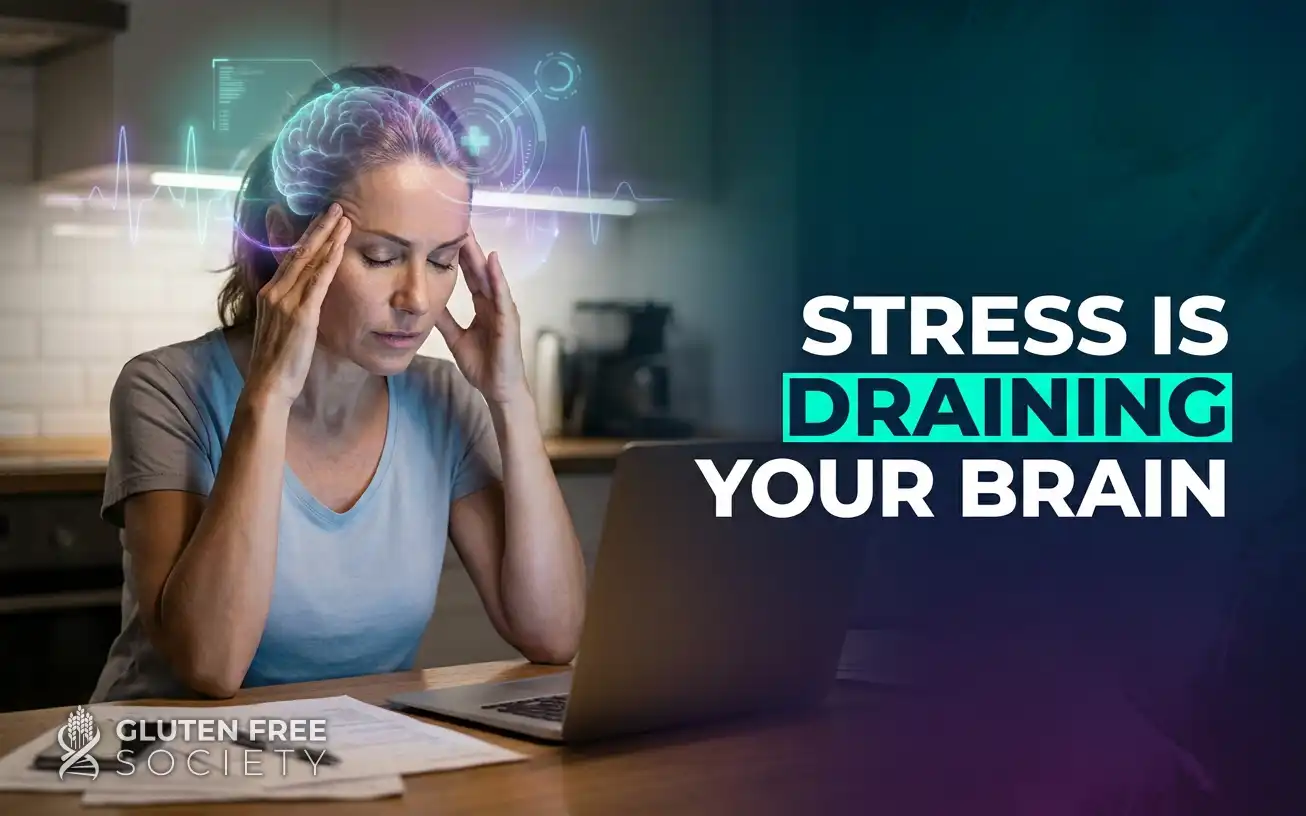 Photorealistic image of a middle-aged woman experiencing stress and mental fatigue, with glowing overlays illustrating how chronic stress depletes nutrients linked to anxiety and the need for natural supplements