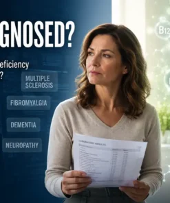Woman reviewing lab results while standing between disease diagnoses and nutrient deficiency indicators, illustrating how vitamin and mineral deficiencies can mimic chronic disease symptoms.