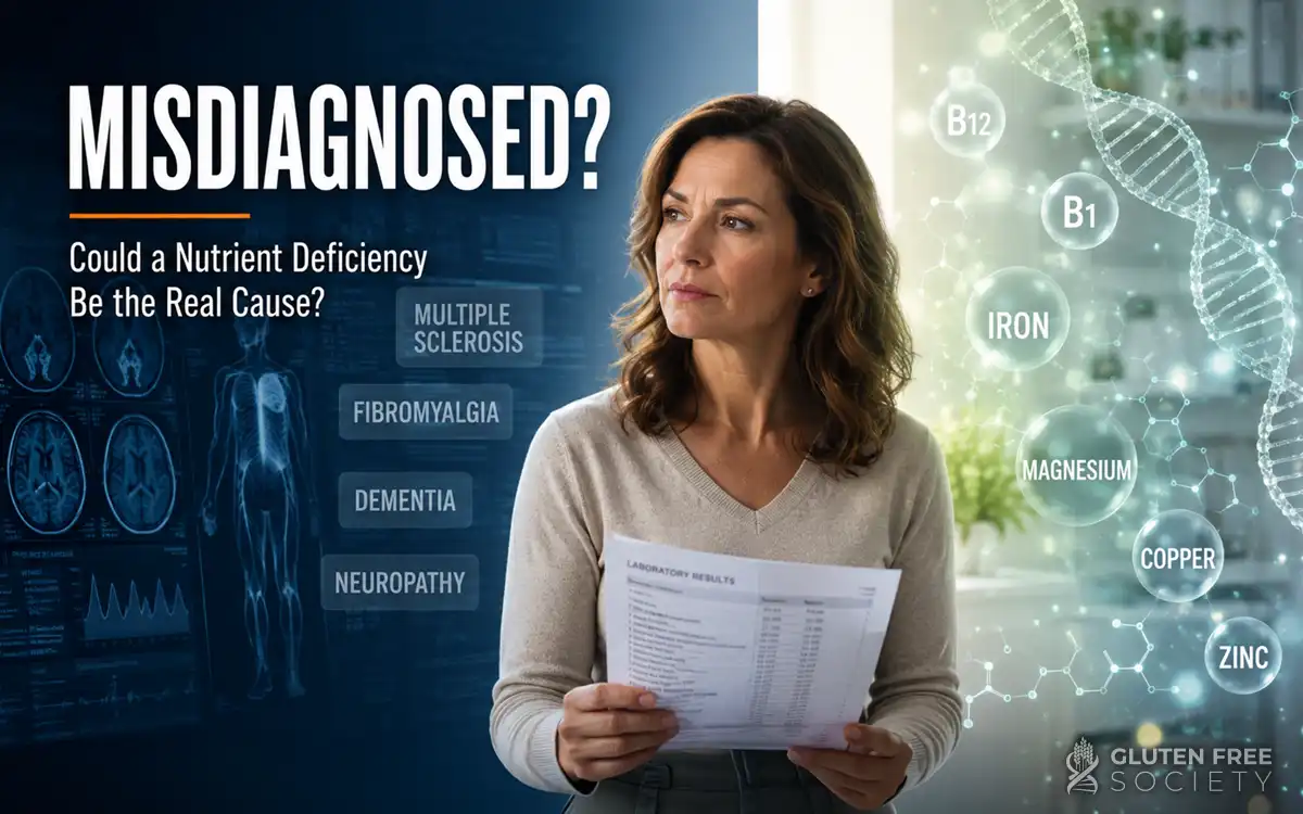 Woman reviewing lab results while standing between disease diagnoses and nutrient deficiency indicators, illustrating how vitamin and mineral deficiencies can mimic chronic disease symptoms.